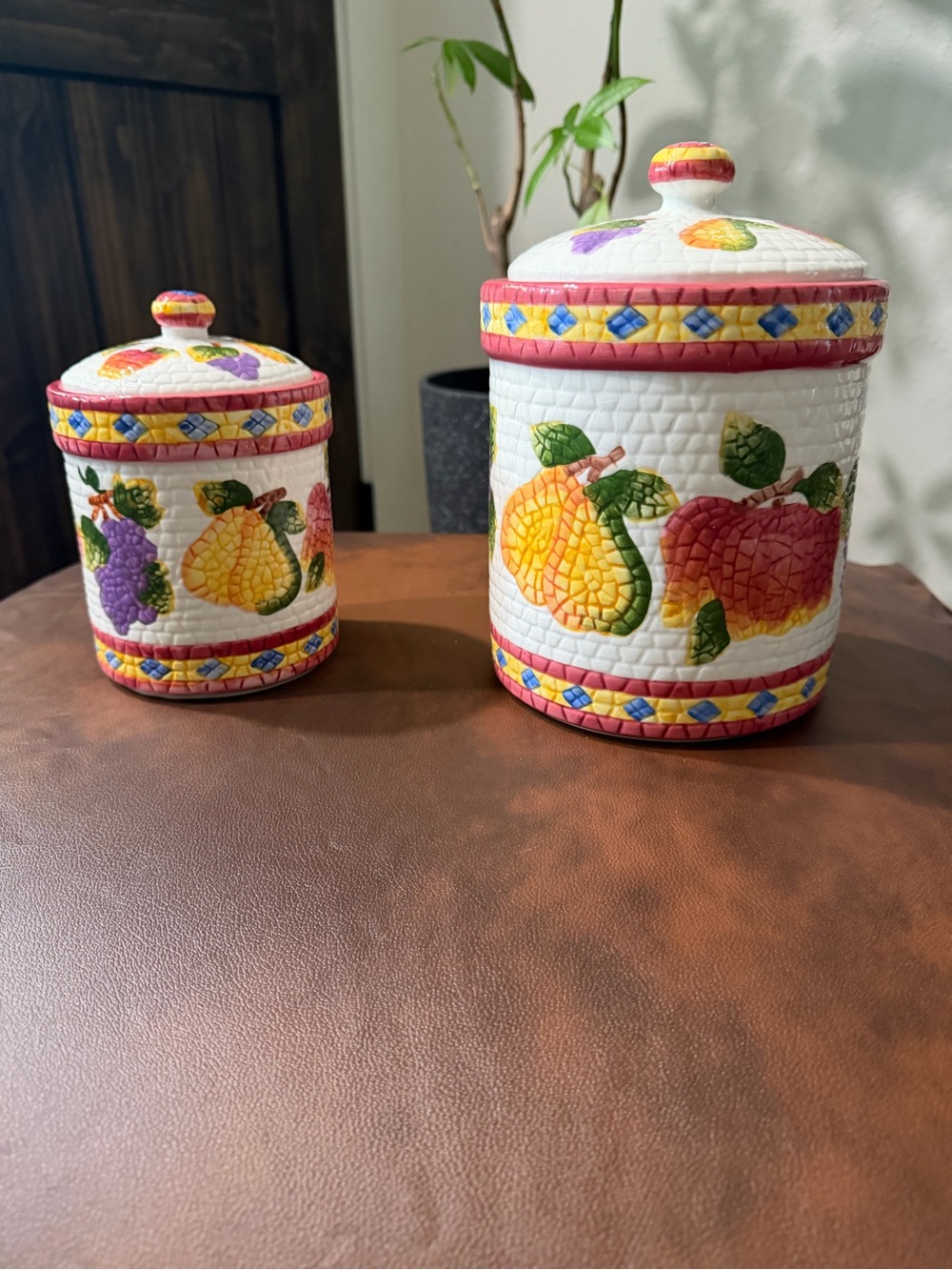 Hand-Painted Ceramic Fruit Canisters - White with Multicolor Fruit Motif